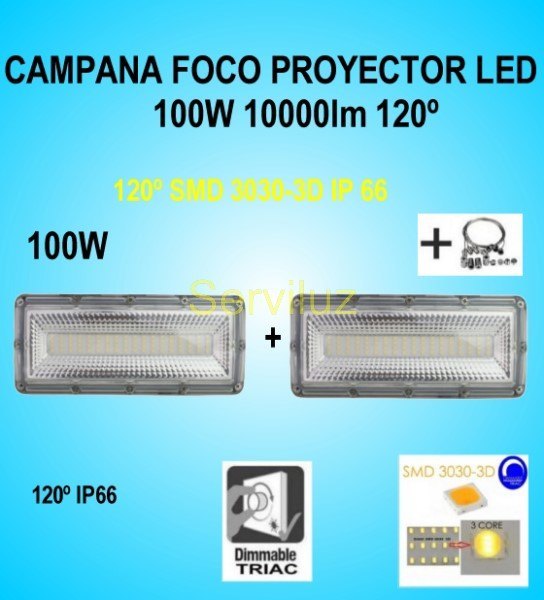Campana LED Industrial Foco Proyector Lineal 100W 10000Lm IP66 120º